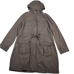 Y2K Vintage Dark Beige Zip Up Hooded Utility Trench Coat Jacket Women's xlarge